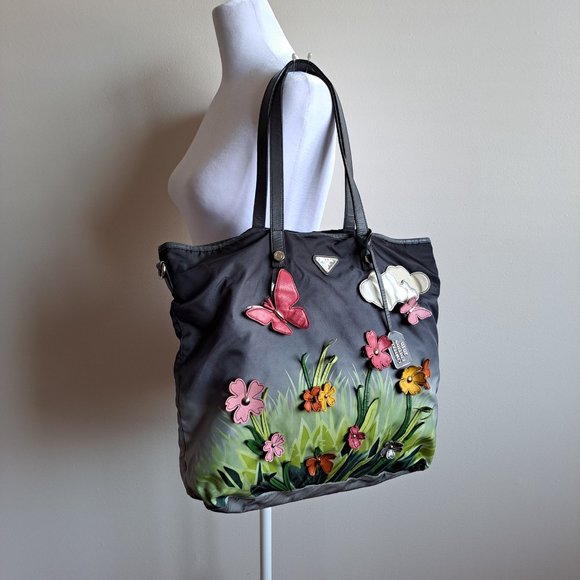 PRADA Limited Edition Flower Butterfly Grey Tote Bag Nylon - Picture 1 of 16